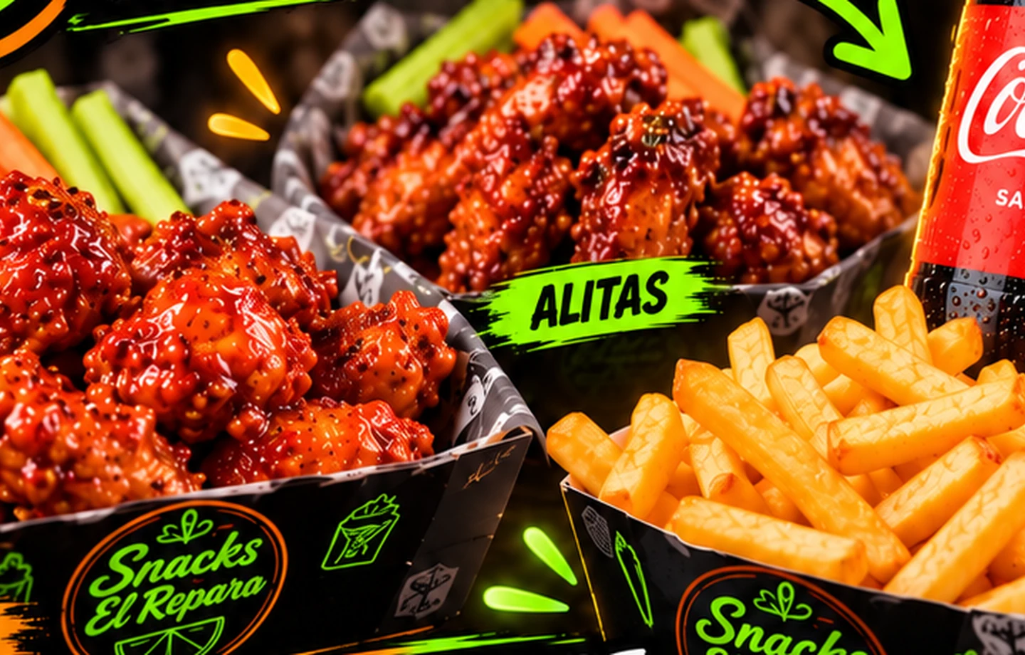 Boneless y alitas con salsa del menú de Snacks El Reparo